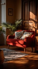 Peaceful warm interior with red loveseat in sunlit home corner