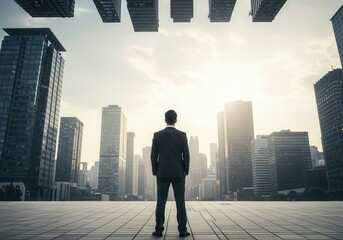 Obraz na płótnie Canvas A businessman stands looking at a sprawling city skyline with upside down buildings above