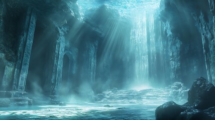 Obraz premium Mysterious underwater cave with ancient ruins bathed in ethereal light beams