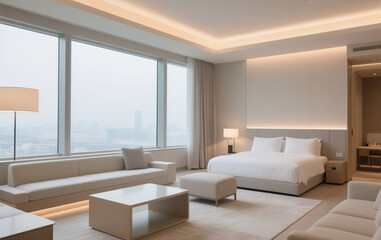 Modern hotel interior with large windows, and soft lighting.