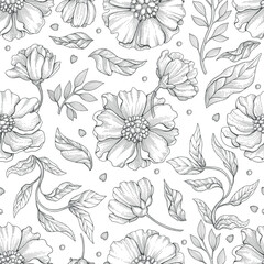 Vintage Floral Pattern concept. Beautiful seamless pattern with blossom plants, roses, peonies and branches. Design element for wallpaper, textiles and clothing. Cartoon linear vector illustration