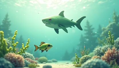 Cartoon Shark Swimming Near Small Fish Underwater with Coral Reef