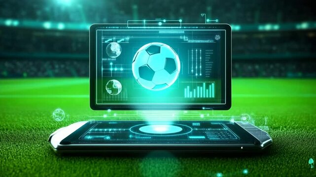 Futuristic interface showing soccer ball and game data projected above a smartphone on a green field in a lit stadium. Concept of sports technology and digital analytics - Powered by Adobe