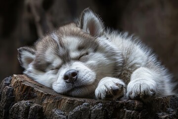 Alaskan Malamute puppy sleeping on tree stump, cute face, closed eyes, soft fur, small ears.