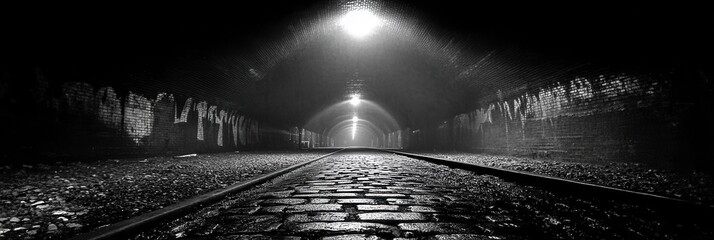 Fototapeta premium Dark Brick Tunnel Railroad Tracks Light Mysterious Urban Scene art city path mood grey black white