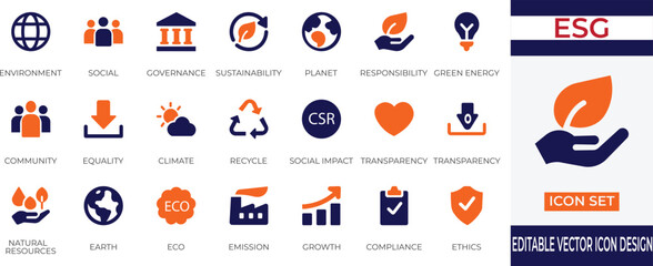 A clean and modern vector icon set focused on ESG (Environmental, Social, Governance) themes, including sustainability, ethics, climate, diversity, compliance, and green energy.