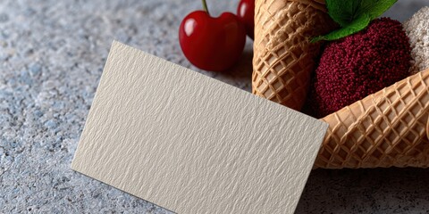 ice cream postcard, postcard template featuring artistic arrangement of ice cream-related items with an empty box overlay for greeting text