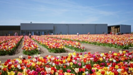 Vibrant tulips bloom across a vast field under a clear blue sky in the netherlands showcasing a...