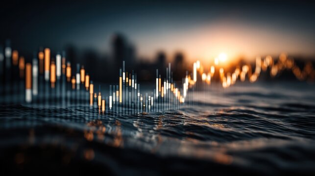 Financial graph overlaying a blurred city skyline and water at sunset.