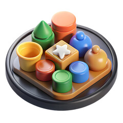 Colorful 3d rendering of assorted geometric shapes arranged on a wooden tray for playtime