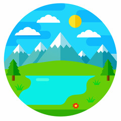 Spring summer beautiful nature, green grasslands meadow with flowers, forest, scenic blue lake and mountains vector on white background.