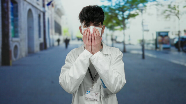 Man wearing protective mask adjusts his lab coat on urban street with soft-focus city background, emphasizing safety and professional context.