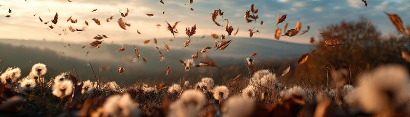 Blowing in the wind with torn leaves across cloudy sky concept. Cotton fields in motion with nature's beauty captured at sunset.