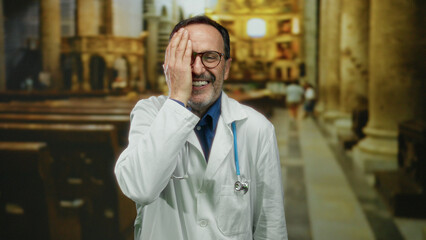 Obraz premium Doctor in a church setting smiling with stethoscope, wearing glasses, covering eye, hispanic man, blending medical and spiritual symbolism in a unique indoor environment.