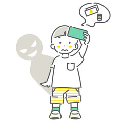 スマートフォンの使用でトラブルになる男の子　シンプルでかわいい線画イラスト
