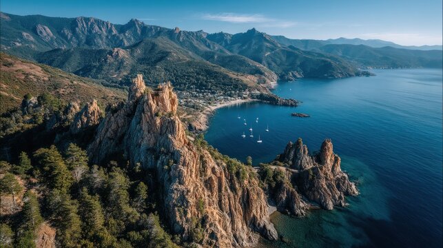 Coastal landscape with rocky formations trees and blue water under a clear sky.