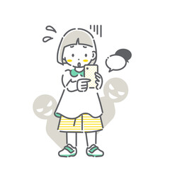 スマートフォンの使用でトラブルになる女の子　シンプルでかわいい線画イラスト