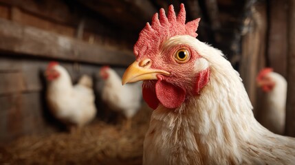 Naklejka premium White chicken portrait with other chickens in background inside a wooden structure.