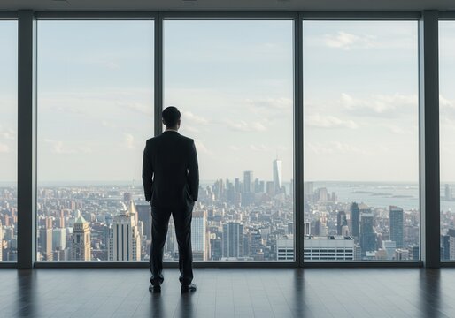 A businessman in a suit looks out over the cityscape from a high rise office window