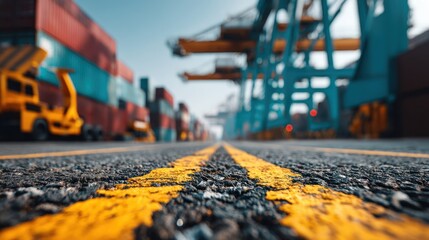 Shipping containers and cranes at a port with yellow lines on the ground.