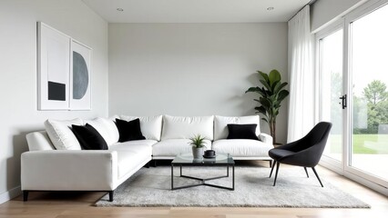 Living room with white sofa, black pillows and large window