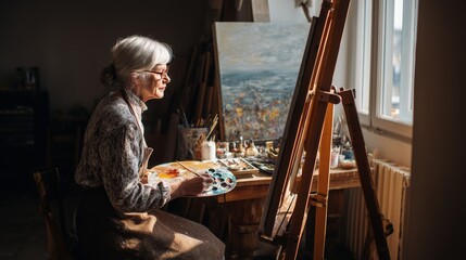 Old woman painting art at home, Senior activity hobby