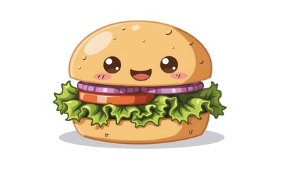 Smiling veggie burger, kawaii style; pastel hues