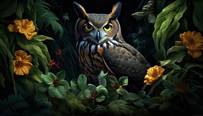 Horned owl, in the beautiful realistic deciduous with spring floral tropical rainforest