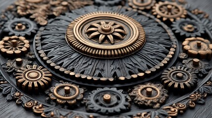 A close up shows dark and golden gear parts arranged in a circle.