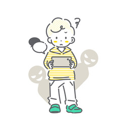 スマートフォンの使用でトラブルになる男の子　シンプルでかわいい線画イラスト