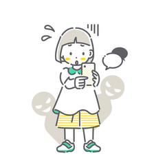 スマートフォンの使用でトラブルになる女の子　シンプルでかわいい線画イラスト