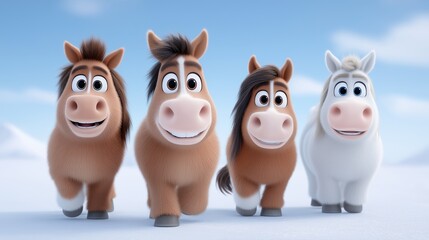 Naklejka premium Joyful horses bound forward, eyes wide with playful energy, across a serene winter landscape, perfect for children’s books or whimsical branding. 