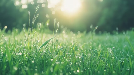 Obraz premium A Field of Dew Covered Grass in the Early Morning Sparkling in Soft Sunlight