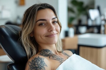 Happy client showing fading tattoo progress, clean and modern clinic setting