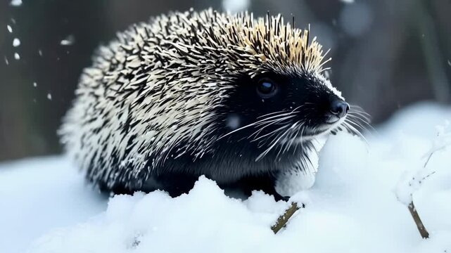 Cute, small wild hedgehog in snow, on the ground, or on a tree