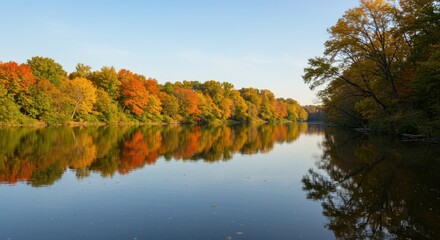 Fototapeta premium Autumn river scene reflecting serenity and seasonal transition, featuring colorful foliage