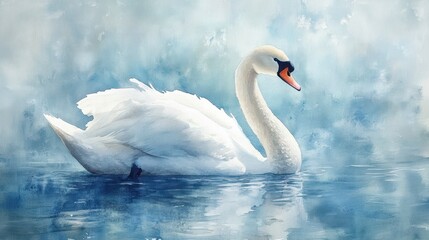 Elegant white swan gracefully swimming on calm blue water, serene watercolor painting.