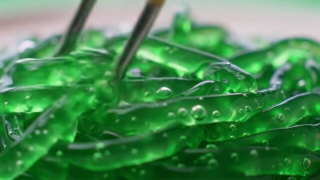 Close-up of vibrant green cendol jelly