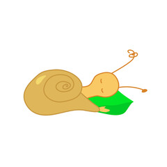 Fairy tale sleeping snail in vector, flat style.