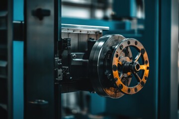 Industrial machine detail. Close-up view of a metalwork machine's intricate gears and components