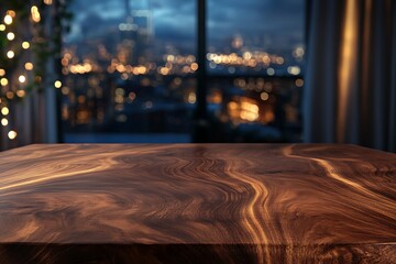 A luxurious wooden table with blurred city lights and evening ambiance in the background