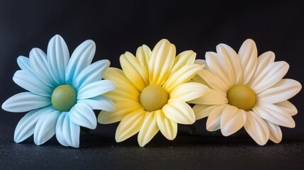 Obraz premium Colorful artificial daisies arranged neatly in a row, showcasing their vibrant petals and detailed textures