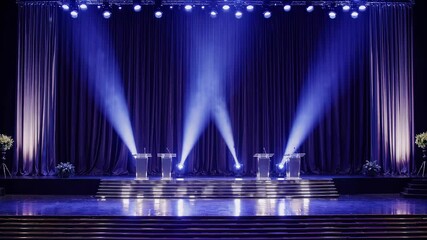 Elegant blue-lit stage with curtains and podiums under dramatic spotlight beams, prepared for ceremony, performance or public speaking event