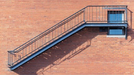 Exterior Metal Fire Escape Staircase Brick Wall Building red grey blue rise home steps rails urban