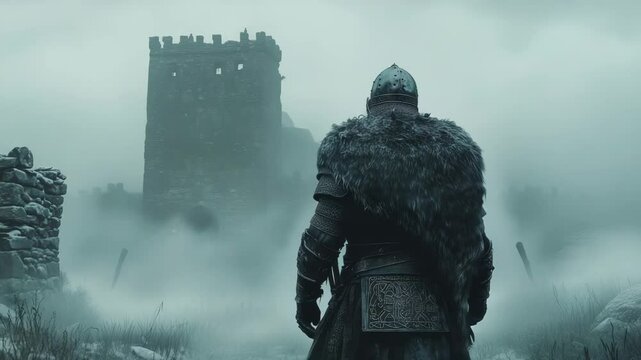 A viking approaching a medieval castle 