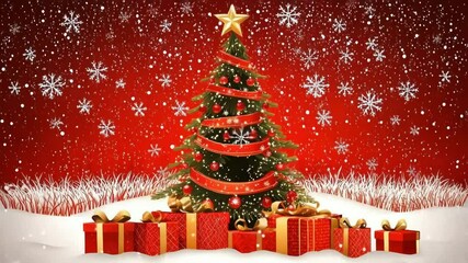 Christmas tree with gifts and snowflakes on red background. - Powered by Adobe