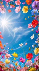 vibrant floral garden with blue sky background blooming flowers in spring and summer nature photography outdoor colorful scenic view botanical florals photography wallpaper background