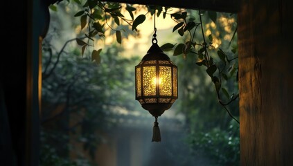 Serene Evening: A Glimmering Lantern in a Tranquil Garden