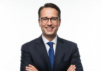 Smiling businessman in a suit with arms folded poses against a white background