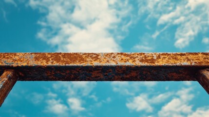 Rusty metal bar against a bright blue sky with fluffy clouds above